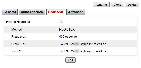 On the Heartbeat tab, configure the following: Check the Enable Heartbeat box. For the Method, select REGISTER. Set the Frequency to the value provided by M-net.