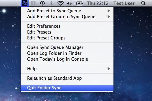 Folder Sync Instruction Manual Page 16 of 22 6 Menu Bar Mode When run as a Menu Bar App, Folder Sync displays an icon in the Menu Bar and clicking that icon will reveal a dropdown menu allowing you
