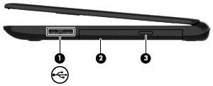 Right side Component Description (1) USB 2.0 ports (2) Connect an optional USB device, such as a keyboard, mouse, external drive, printer, scanner, or USB hub.
