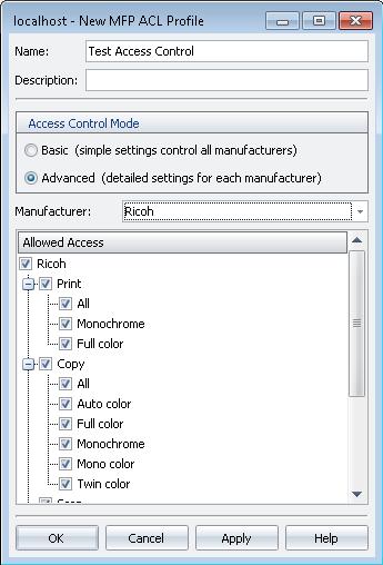 6. In the Manage MFP ACL Profiles dialog box, you can create or edit ACL profiles for the selected user, group, or department. 7. Click New to create an MFP ACL profile.
