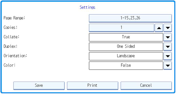 Figure 17: Settings screen (large panel) Figure 18: Settings screen (small panel) There are three commands in the Settings screen.