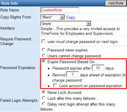 Global Password Expiration When creating Customized users in the TimeForce system, the functionality has been added to specify password expiration requirements.