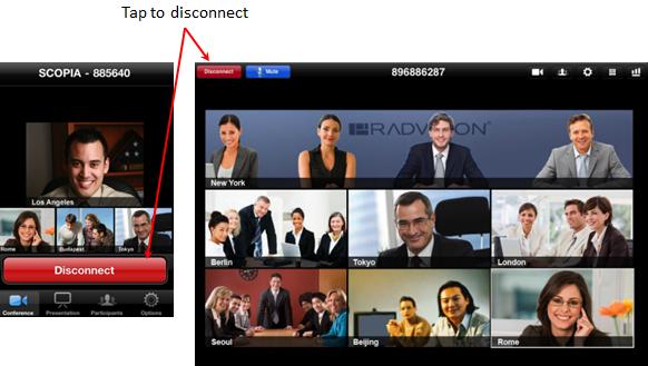 Figure 26: Disconnecting from a videoconference (shown on an ios mobile device) 2. To disconnect a participant from the videoconference you are moderating: a.