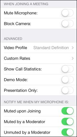 Figure 1: Scopia Mobile settings 3. Modify the settings as necessary (Table 2: Modifying your Scopia Mobile profile settings on page 9).