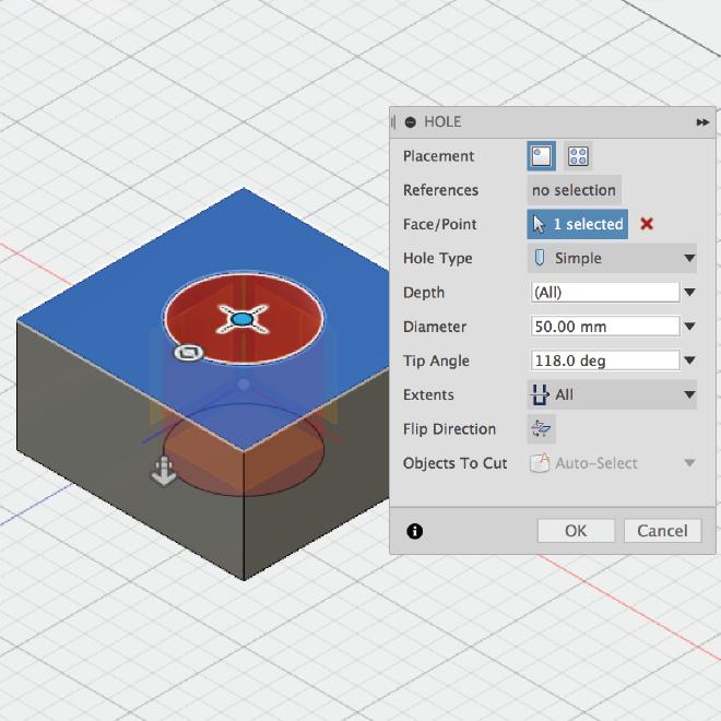 Step 3: Add a hole to the box. Click Model > Create > Hole. 2. Select the top face of the box. 3. Drag the center of the hole to the center of the box.