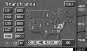 Touch the Change switch on the Destination screen to display a map of the United States and Canada divided into 11 areas.