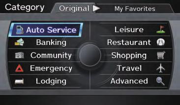 By Place Category After you select Place Category from the DEST screen (Dest. MENU 1), the display changes to: If you select a category from the list, you can select even more detailed sub-categories.