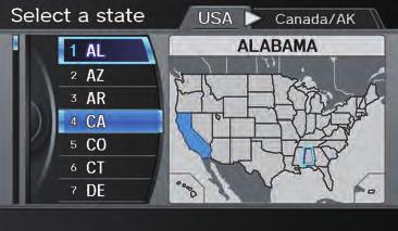 Show Map of State By Voice Control: Say State on the Show map of screen, and the display changes to the Select a state screen. Say the state name (e.g., California or CA) or the state number (1-7).
