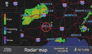Say or select Warning Map, and the display changes to: Radar Map To view a radar image map displaying rain or other weather systems, say or select Radar Map.