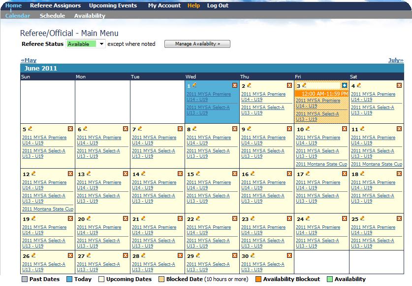 Home Screen When you login to www.gotsport.com as a Referee. You will be presented with a home page that shows your calendar of events.