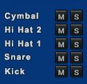You can choose to mute or solo each individual channel using the M and S buttons. You can build your patterns by clicking (or dragging) the blue squares.