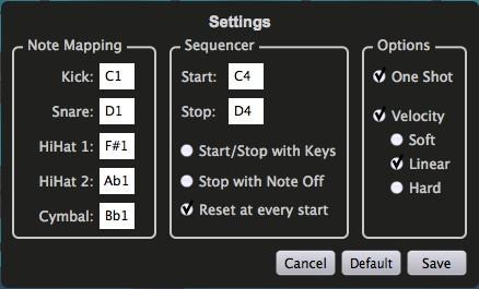 4.2 Global Settings To access the global settings, click on the More button and then Settings. You can change the note mapping for each sound, and also for the Start and Stop keys.
