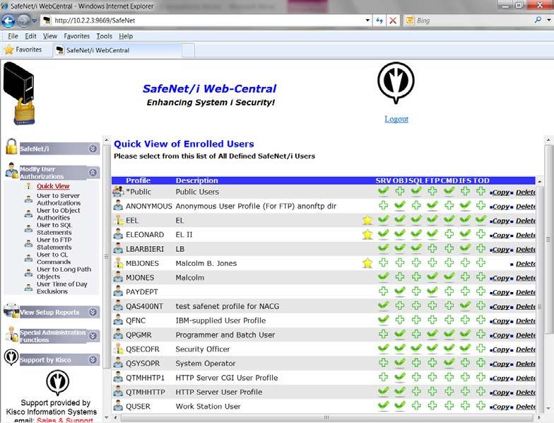 Modify User Authorizations Menus Quick View displays a matrix of all SafeNet/i user profiles, providing an easy method to administer users.
