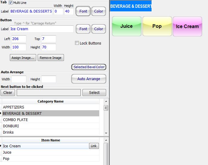 b. Aligning buttons, changing fonts, colors and sizes You may adjust color and font for categories in Tab Section and Button section for item buttons.
