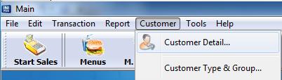 The following screen will appear when you press Add New Customer button. Enter name and customer number. (Customer number is cannot be overlapped) Please press Save button. b. To access from the Back Office Interface: First, enter Customer located at very top of the Back office interface.