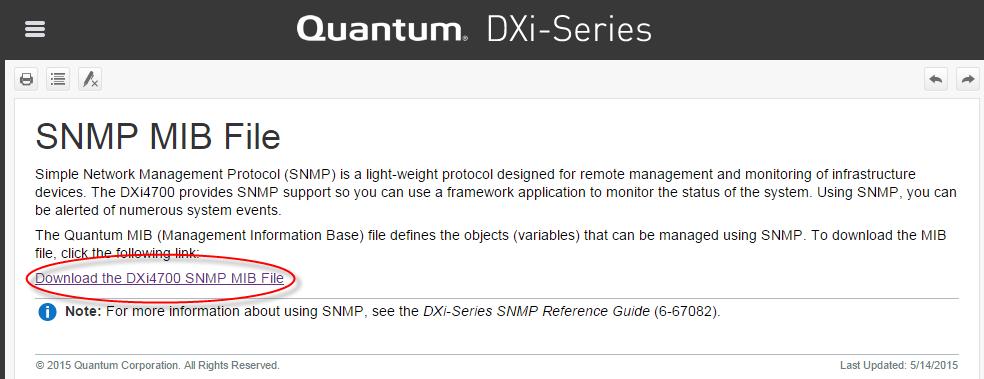 About the DXi SNMP Agent and Quantum MIB 2. In the Contents tab, select SNMP MIB File to display the SNMP MIB File topic. Figure 9: SNMP MIB File Topic 3.