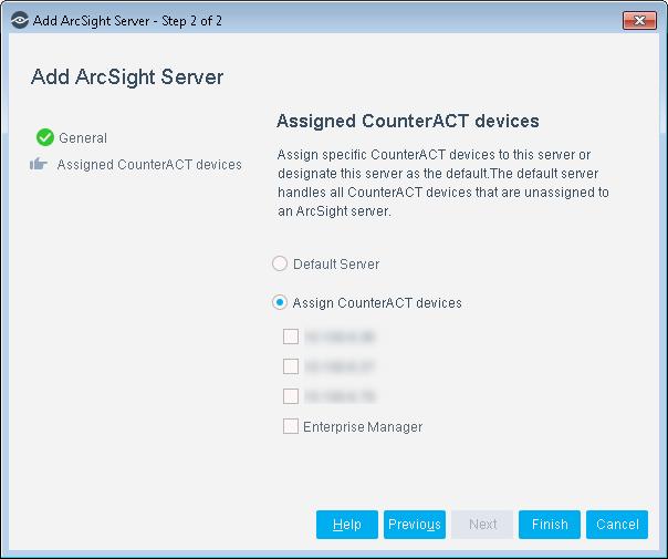4. In the Assigned CounterACT devices pane, choose one of the following options: Select Default Server to make