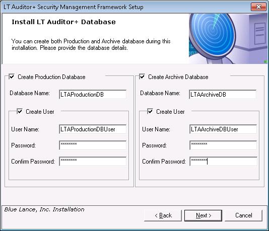 19. If you choose to create a database user for each LT Auditor+ database, enter a password.