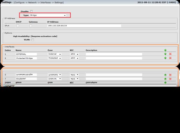 [Configure -> Network -> Interfaces -> Settings] Select the type of interface Bridged Configure the IP address to be shared.