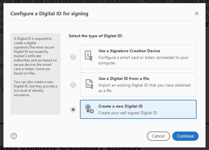 Clicking on the signature field will bring up a prompt with steps instructing users tosign with a digital ID.