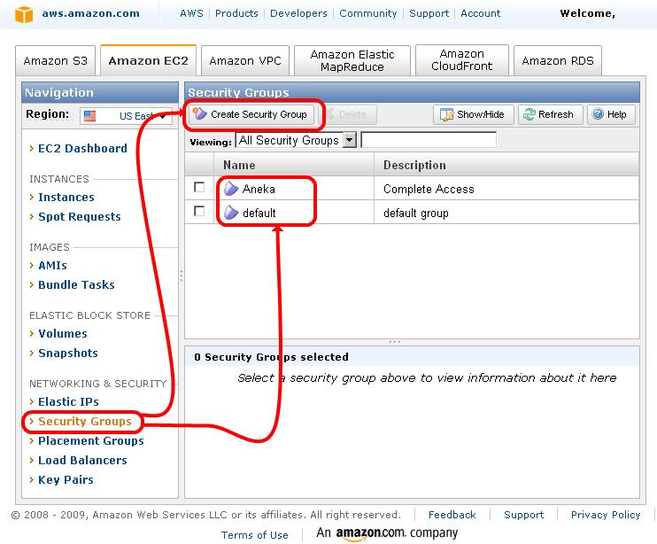 Figure 13 - Amazon AWS Security Group management. As shown in Figure 13, the available security group can be looked up in the AWS Management Console, under the Security Groups section.