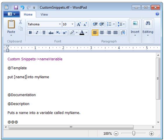 This inserts a topic, shown as Snippet 1 in the screen above, under Custom Snippets in the Topic pane. It also enables the Syntax bar and Description pane for editing.