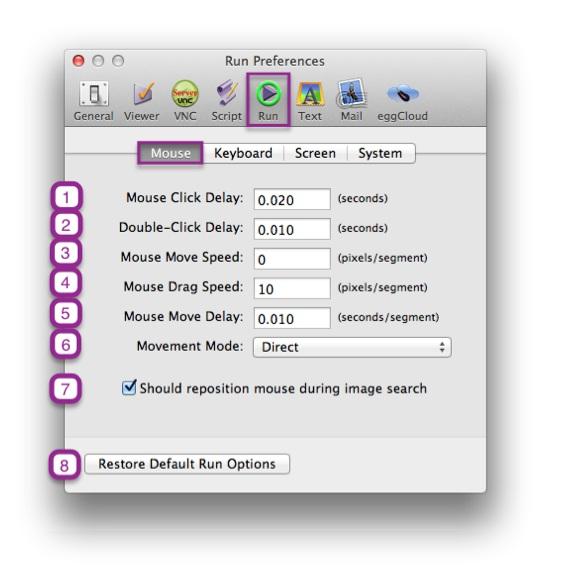 The Mouse settings determine specific mouse behavior in the Viewer window during script execution. 1. Mouse Click Delay.