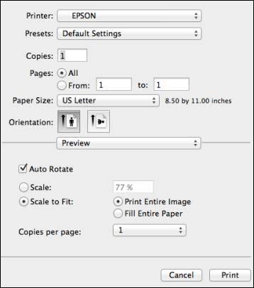 You see the expanded printer settings window for your product: Note: The print window may look different, depending on the version of OS X and the application you are using. 5.