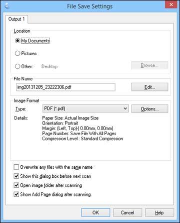 Parent topic: Selecting Epson Scan Settings Selecting Scan File Settings You can select the location, name, and format of your scan file on the File Save Settings window.