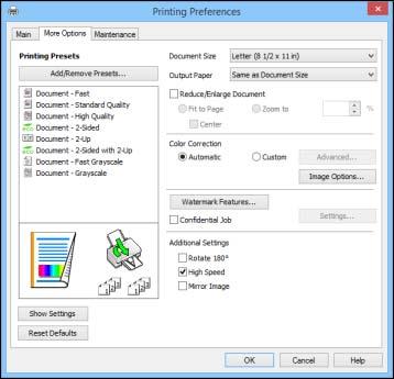 Selecting Additional Layout and Print Options - Windows You can select a variety of additional layout and printing options for your document or photo on the More Options tab. 1.