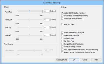 You see this window: 5. Select any of the extended settings to customize your print. 6. Click OK to close the Extended Settings window. 7. Click OK to close the printer software window.