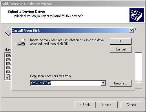 Install the AT-FBUS Board Figure 5. Installing from Disk 14. A message from Windows, Update Driver Warning, appears. Click Yes to continue. 15. Start Device Driver Installation appears. Click Next.