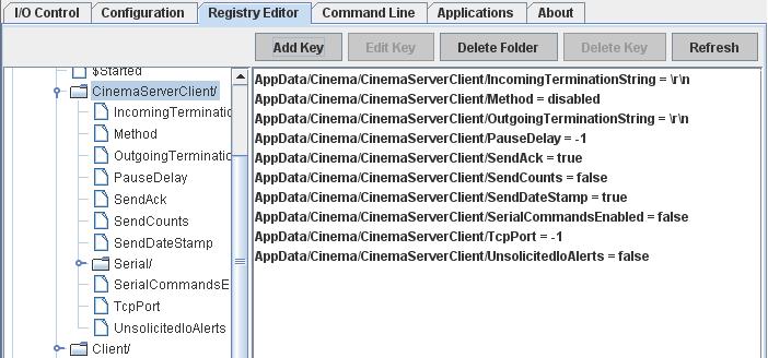 CINEMA SERVER CLIENT Serial Port Configuration The Client connection to one of the JNIOR serial ports has the following settings: Registry Key Default Valid Values