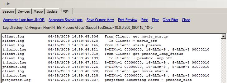 Aggregated Logs With the JNIOR Support Tool, the user can select to retrieve