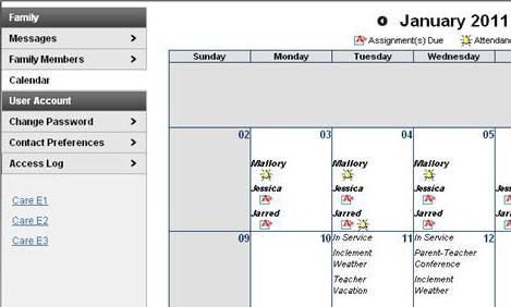The Calendar tab, when accessed from the Family section displays calendar events for each school in which a student is enrolled.