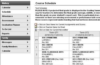 The Course Schedule lists the student's classes in each period and term, along with the time and location the class meets.