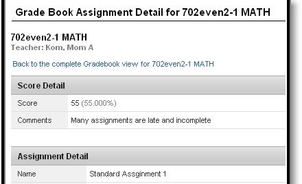 From within the Grade book, clicking the name of an Assignment will open a screen which provides the details for that specific assignment.
