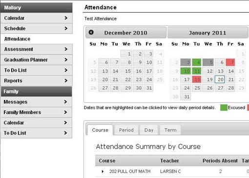Using the Attendance tab, parents can monitor student attendance using a variety of summary options.