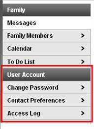 The user account navigation pane can be used to manage account details, such as passwords and contact information.
