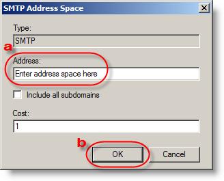 8. In the SMTP Address Space window, type the Address Space provided to you in the Address field (a).