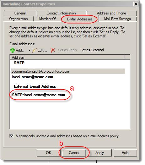 4. To find the Mail Contact associated with your journaling setup, follow these steps: a. Right-click a Mail Contact, from within the list, and select Properties. b. Select the Email Addresses tab.