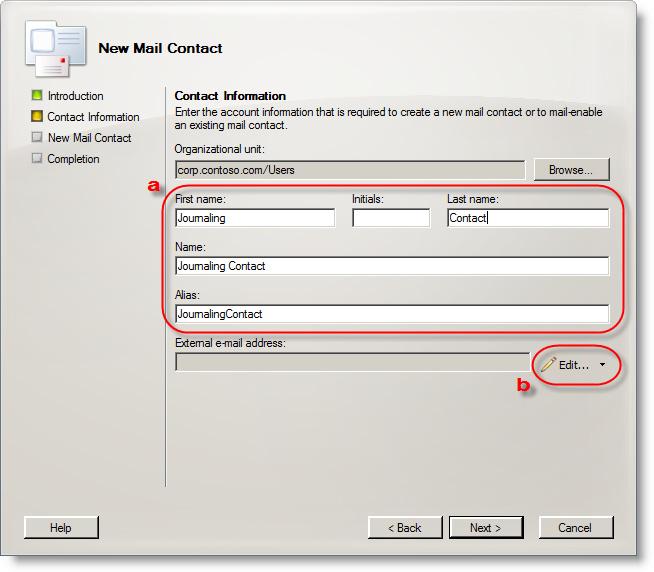 6. In the New Mail Contact window, type Journaling in the First Name field, Contact in the Last Name