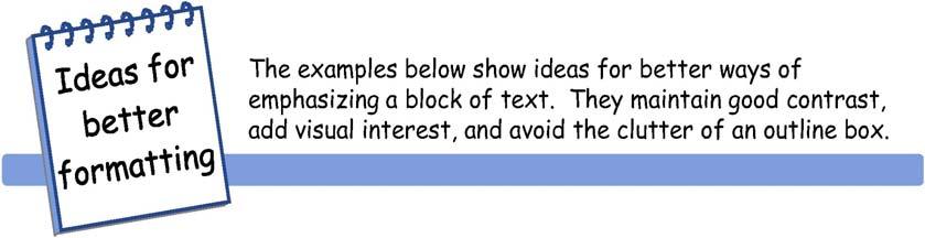 CHAPTER 4: Guidelines for headings, bulleted lists, and emphasizing blocks of text 99 Below we