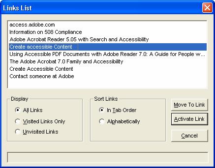 Figure 6 A lists of accessible links from a Word document using the JAWS screen reader.