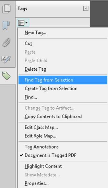 Figure 16 Find Tag from Selection in Options menu. The Tag will be selected and expanded in the Tags Tree.