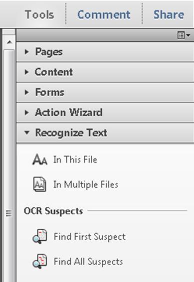 The content is available in accessible format. Figure 21 Recognize Text Panel to the right of the document.