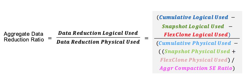 Figure 8 shows the calculation for one of the aggregates (n06_ssd_aggr1). Figure 8) ONTAP 9.0 and 9.1: Data reduction ratio calculation example. (228.15TB 200.16TB 0TB) (15.38TB ((3.16TB + 0TB)/1.