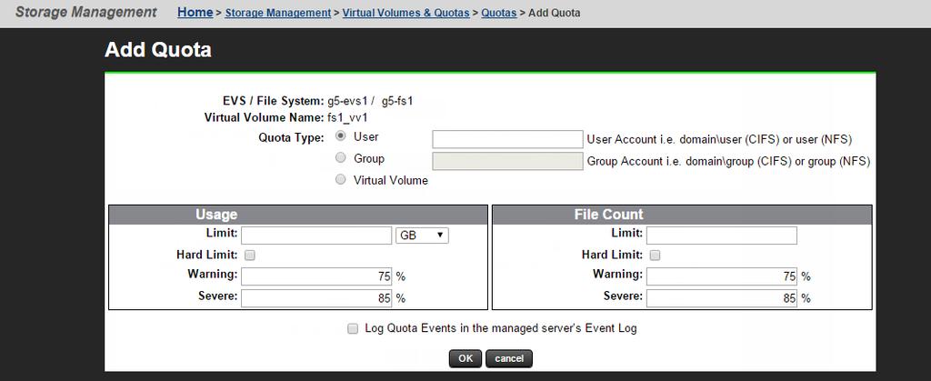 e. Fill in the Log Quota Events in the managed server's EventLog check box to set the default for all users or groups to have quota events logged in the server's event log. 5. Click OK.