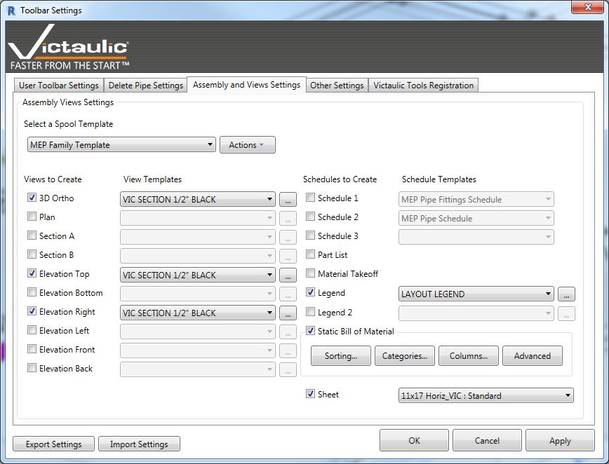 14 Settings (Create Assembly Views) Within the settings window for assembly views you can define which views to create and the view template to be used when the views are placed on the selected spool