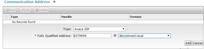 Select Avaya SIP from the Type drop down box and enter the Fully Qualified Address of the new SIP user. Click Add when done. Continue to scroll down on the same page.
